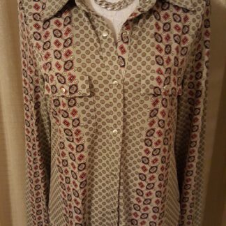 A brown and red patterned shirt is on display.