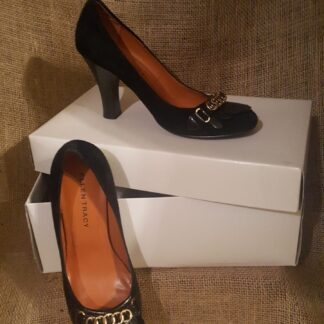 A pair of black shoes sitting on top of a box.