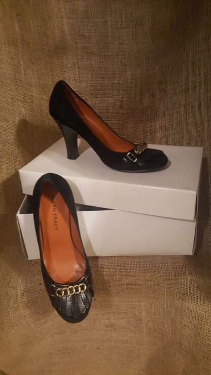 A pair of black shoes sitting on top of a box.