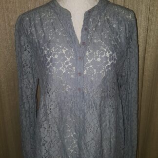 A gray lace shirt is shown on the mannequin.