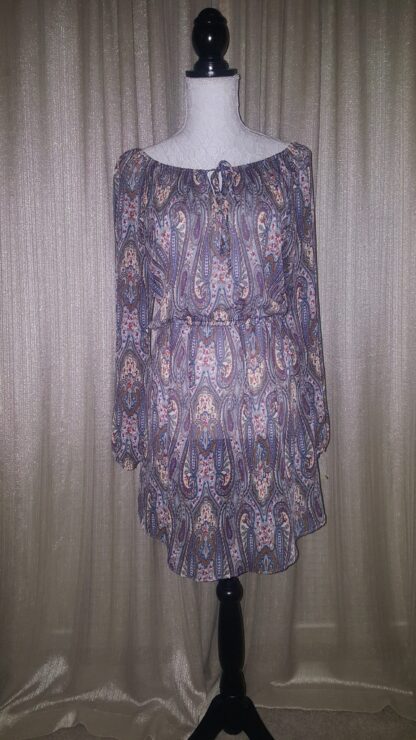 A purple dress with paisley designs on it.