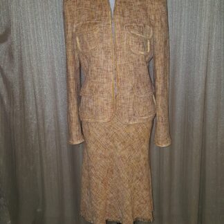 A brown suit is shown on display.