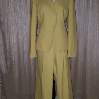 A yellow suit is shown on display.