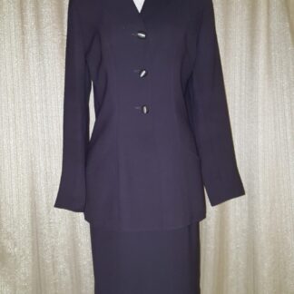 A suit is shown with a skirt and jacket.