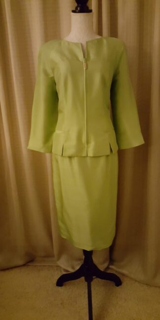 A lime green suit is shown on display.
