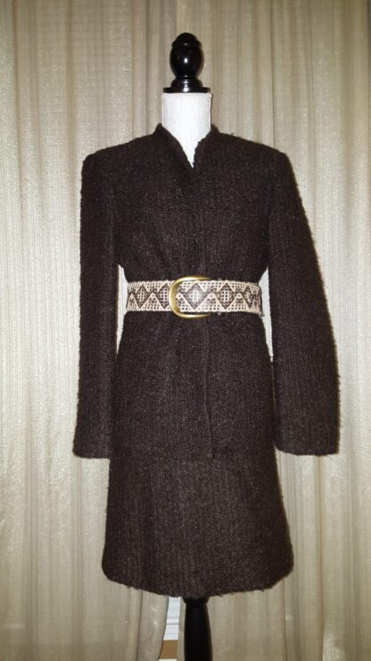 A brown coat with a belt on it