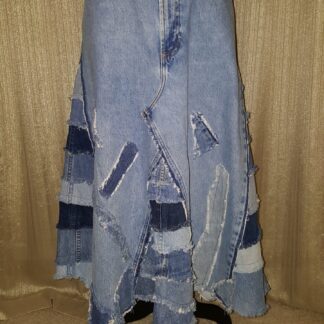 A long skirt made from jeans and fabric.
