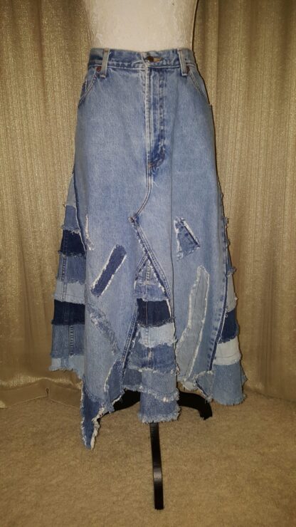 A long skirt made from jeans and fabric.