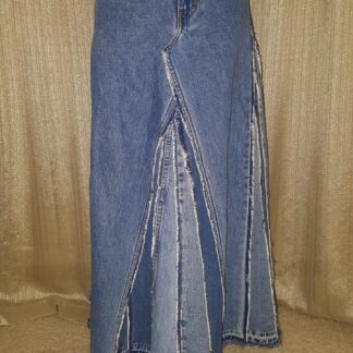 A long skirt made from jeans and is very long.