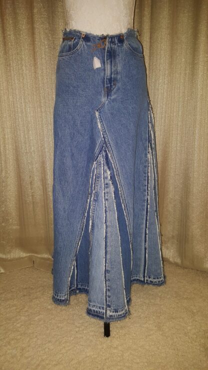 A long skirt made from jeans and is very long.