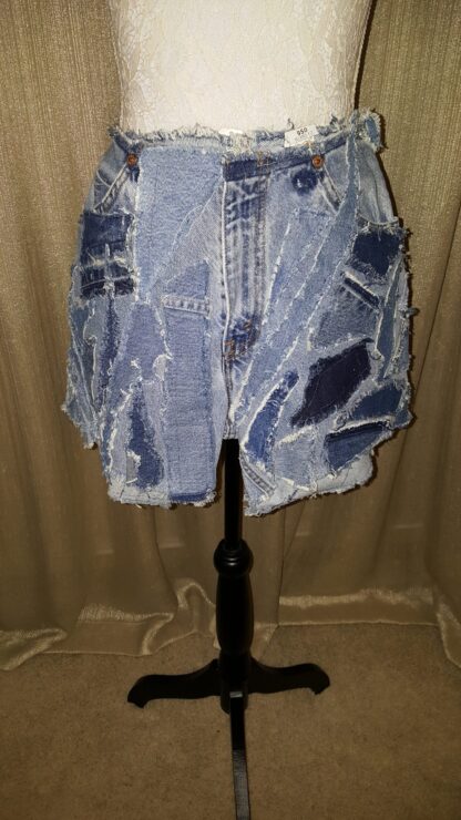 A denim shorts with different patches on it