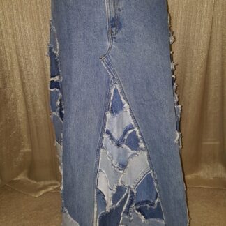 A long skirt made from jeans and fabric.