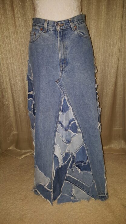 A long skirt made from jeans and fabric.